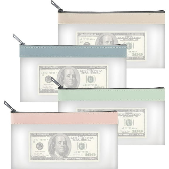 4 Pieces Money Bags with Zipper,Happon Cash Envelopes,7.6 x 3.7 inch Money Pouch,Clear Bank Deposit Bags,Bank Bag,Cash Bag,Coin Bag for Collectors,Multi-Purpose Check Wallet with 4 Colors