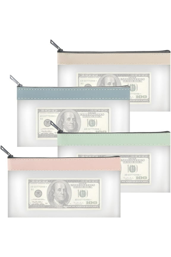 4 Pieces Money Bags with Zipper,Happon Cash Envelopes,7.6 x 3.7 inch Money Pouch,Clear Bank Deposit Bags,Bank Bag,Cash Bag,Coin Bag for Collectors,Multi-Purpose Check Wallet with 4 Colors