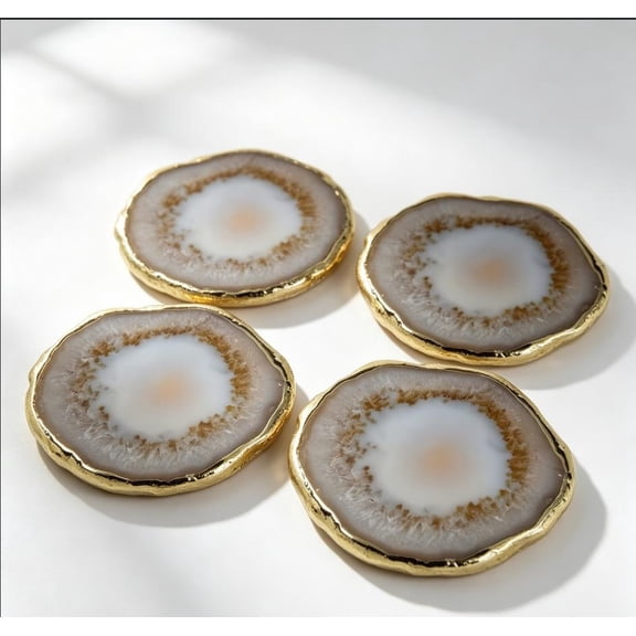 4 Pieces Natural Stone Personalized Agate Coasters with Gold-Plated EdgesGift for Her Him Unique Crystal Coaster Slice