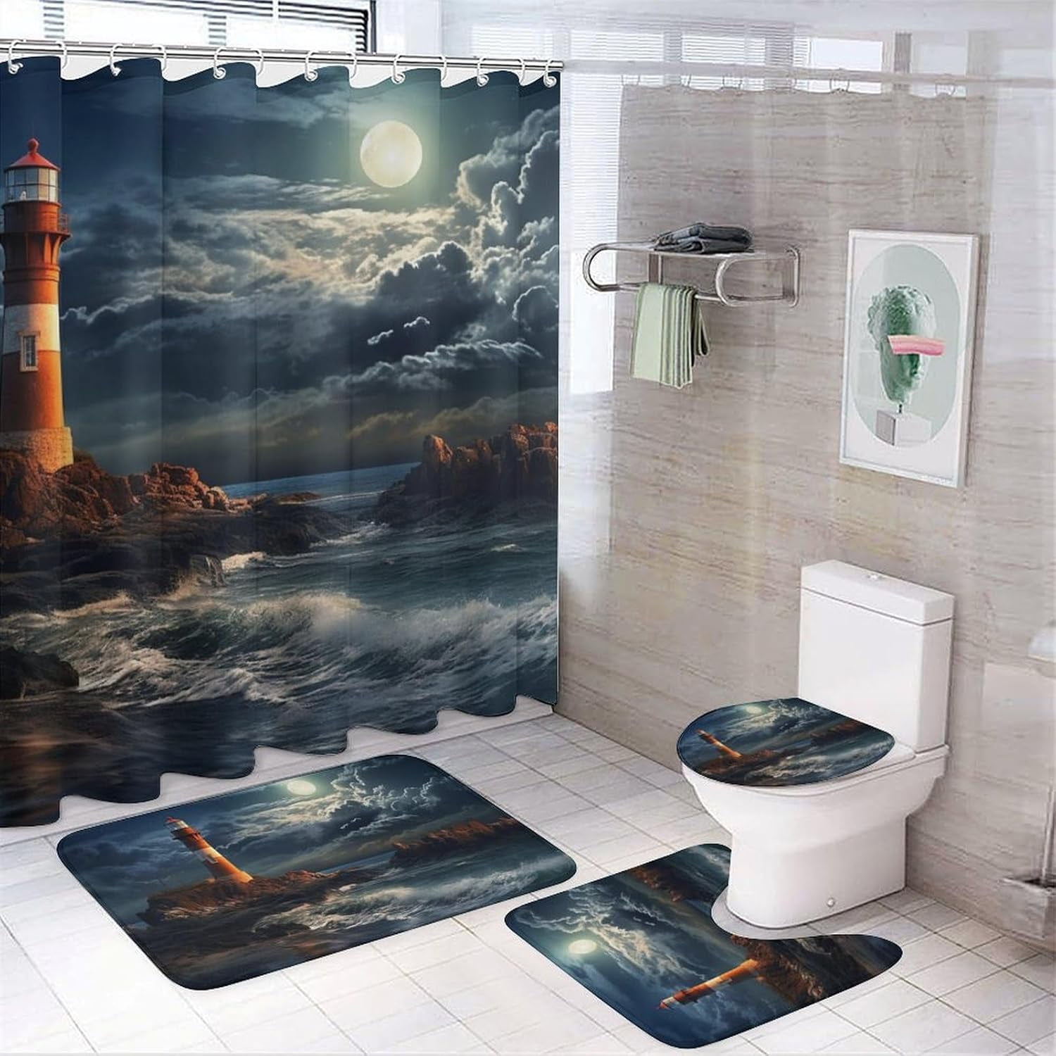 4 Pieces Nature Coastal Lighthouse Shower Curtain Set Palm Tree Moon ...