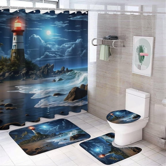 4 Pieces Nature Coastal Lighthouse Shower Curtain Set Palm Tree Moon Seascape Modern Picture on Non-Slip Rugs Toilet Lid Cover Bath Mat and Bathroom Curtain with 12 Hooks,72x72 Inch