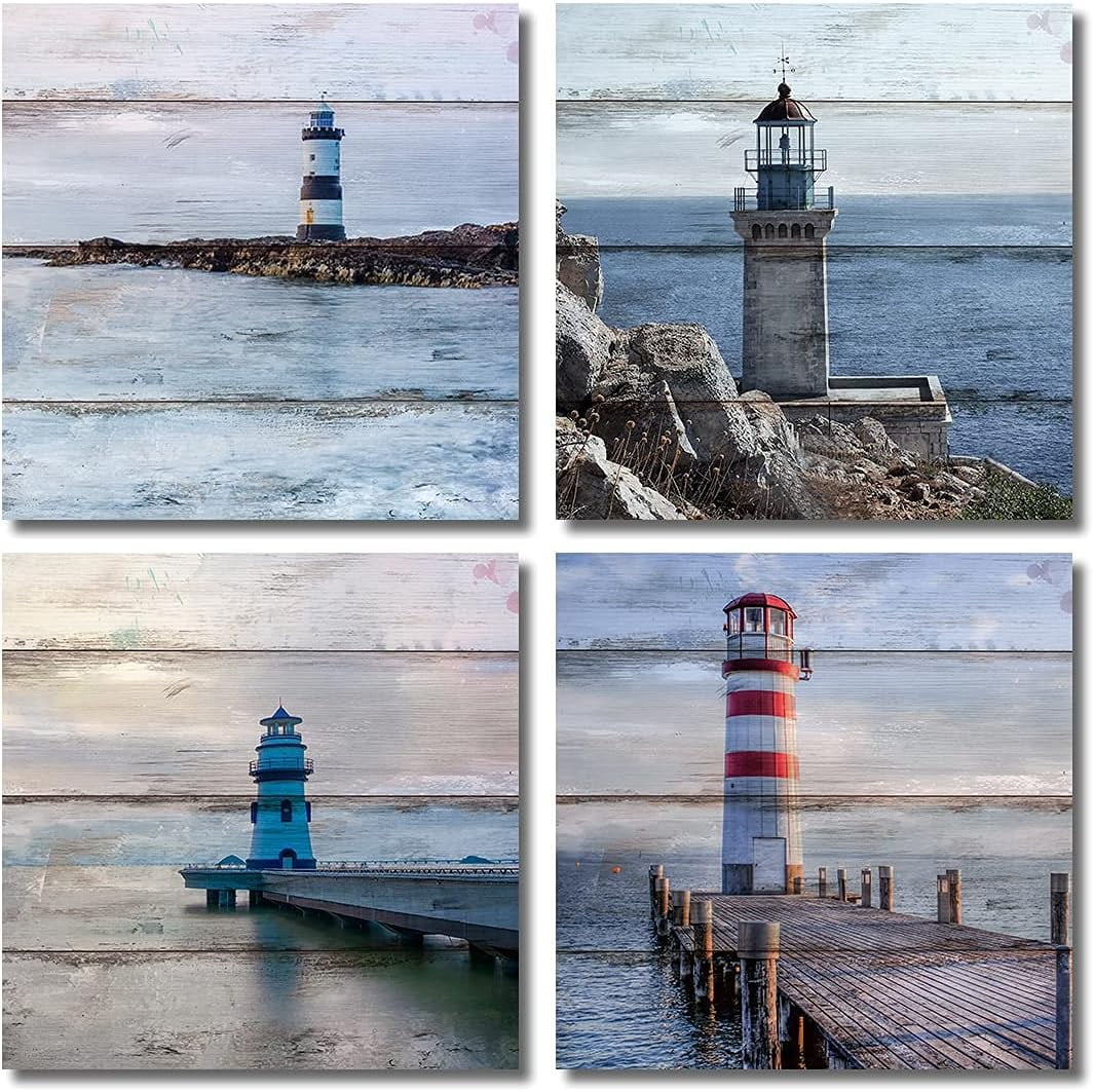12"x12" Coastal Lighthouse Canvas Wall Art Set of 4