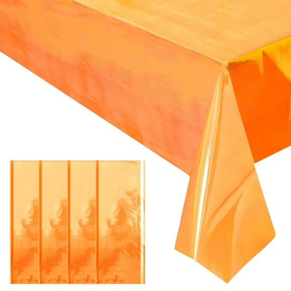 4 Pieces Orange Iridescence Tablecloth - 40 x 108“ Disposable Shiny Laser Table Cloth - Glitter Plastic Tablecloths - Holographic Iridescent Table Cover for Party Decoration, Wedding and Banquet
