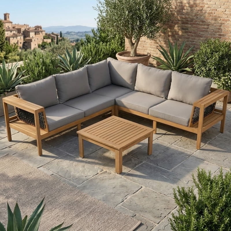 4 Pieces Outdoor Acacia Wood Sectional Sofa Set with Cushions & Coffee Table, Patio Furniture Set with Woven Mesh Armrests and Side Table