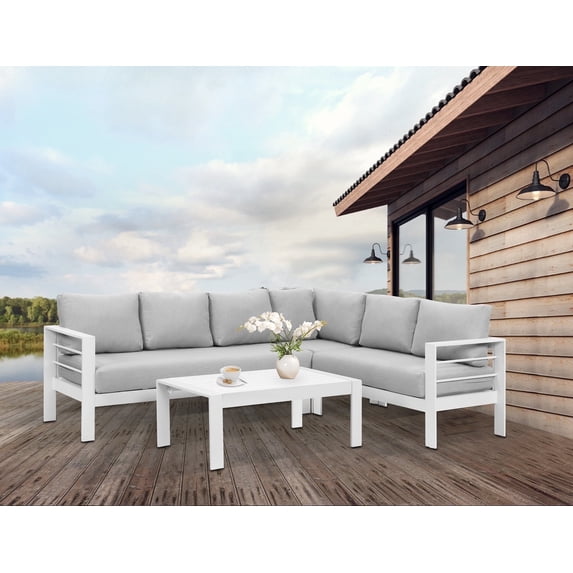 4 Pieces Outdoor Aluminum Furniture Set, Patio Sectional Sofa Couch - Conversation Set with Coffee Table and Sofa, White