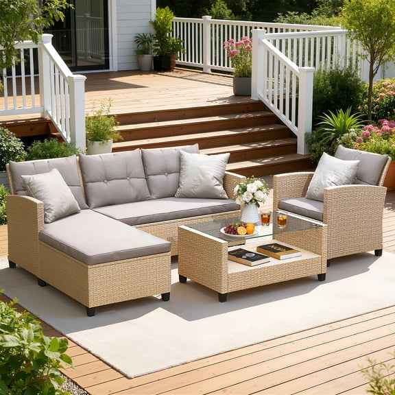 Seizeen Outdoor Furniture Set, 4 Pieces  PE Wicker Rattan Patio Conversation Set with Table & Lounge Chair, All-Weather Cushioned Sectional Sofa Set for Backyard Porch Garden, Gray Cushions