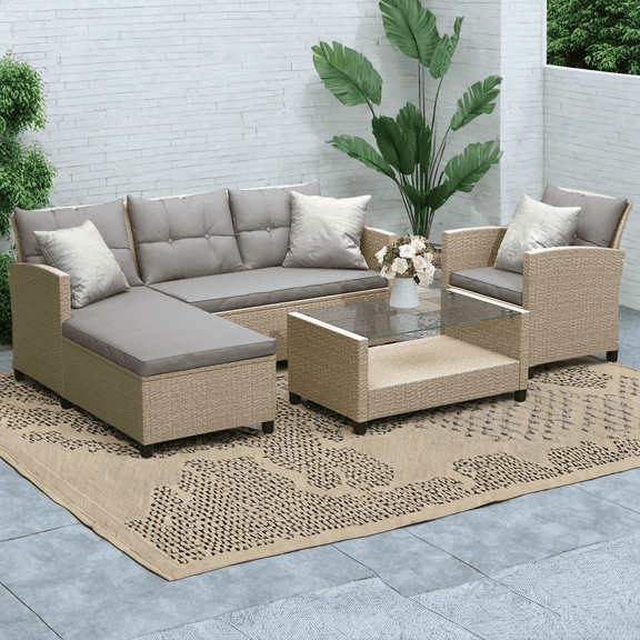 Outdoor Furniture Set, 4 Pieces PE Wicker Rattan Patio Conversation Set with Table & Lounge Chair, All-Weather Cushioned Sectional Sofa Set for Backyard Porch Garden, Gray Cushions