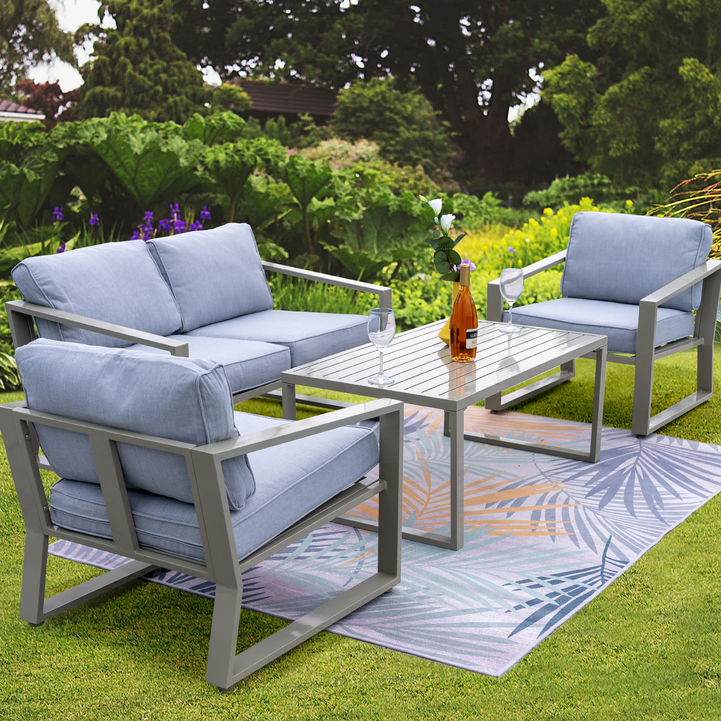 4 Pieces Outdoor Conversation Set Patio Metal Coffee Table and Chairs Sets with Cushions and