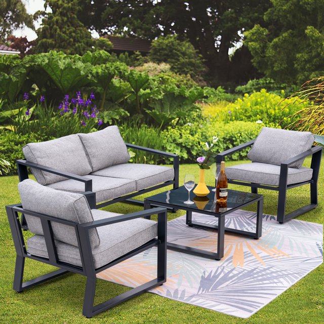 4 Pieces Outdoor Conversation Set Patio Metal Coffee Table and Chairs