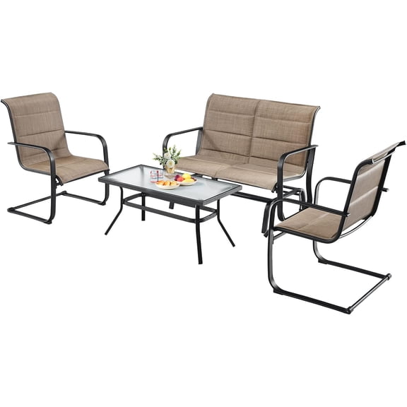 4 Pieces Outdoor Furniture Set, Patio Conversation Set with Coffee Table, 2-Person Swing Glider Loveseat and 2 Spring Motion Dining Chairs, Sectional Sofa Set with Cotton Padded (Brown)