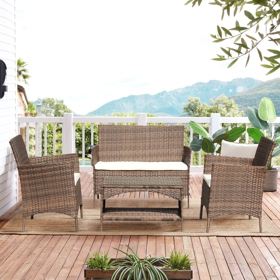 4 Pieces Outdoor Furniture, Sofa Wicker Conversation Set with 2 Arm Chiars, 1 Loveseat, Tempered Glass Table with 2 Shelf, Patio Furniture Sets for Porch Poolside Backyard Garden, Q13059