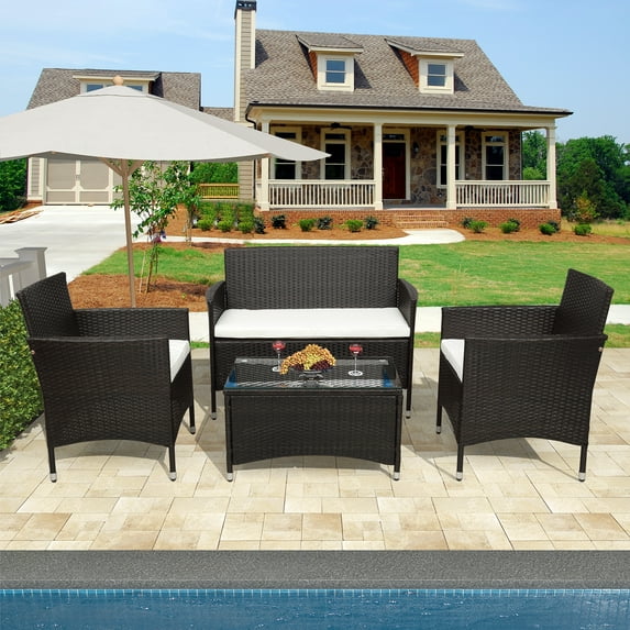 4 Pieces Outdoor Furniture, Sofa Wicker Conversation Set with Two Single Sofa, One Loveseat, Tempered Glass Table, Patio Furniture Sets for Porch Poolside Backyard Garden, Q16399