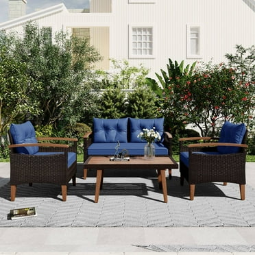 4 Pieces Outdoor Patio Furniture Seating Set Outdoor Sectional Rattan Sofa Set Manual Wicker Patio Conversation Set with Wood Table and Legs for Yard Deck Porch(Blue)