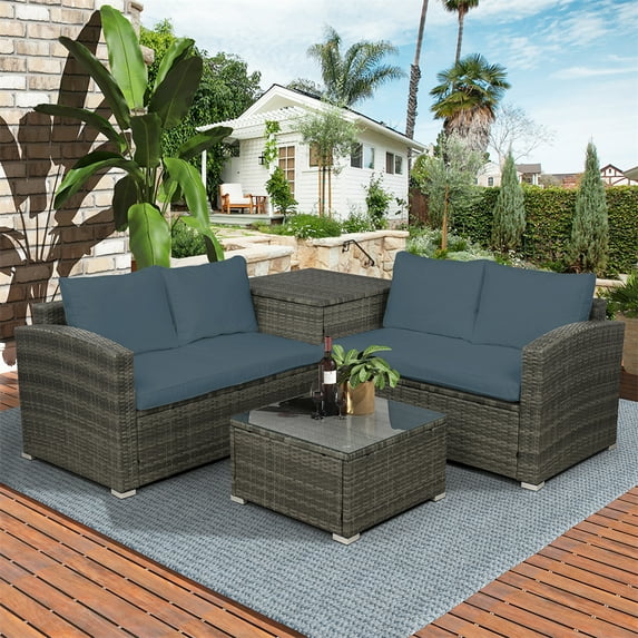 4-Pieces Outdoor Patio Furniture Set, All-Weather Wicker Rattan Outdoor Sectional Small Patio Sofa Set Couch Conversation Set w/Coffee Table and Storage Box, Gray Cushions
