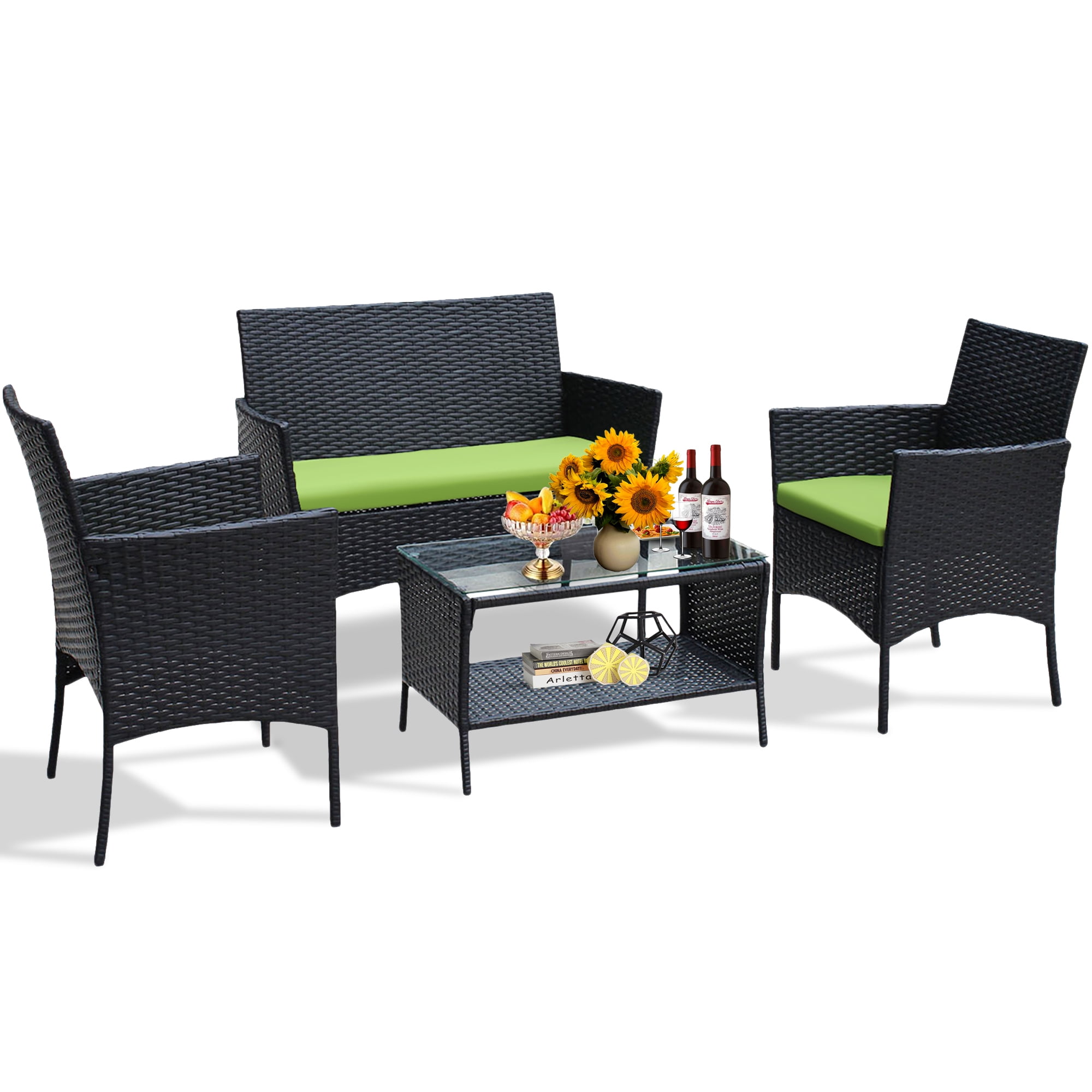 4-Piece Black Iron Wicker Patio Set with Green Cushions