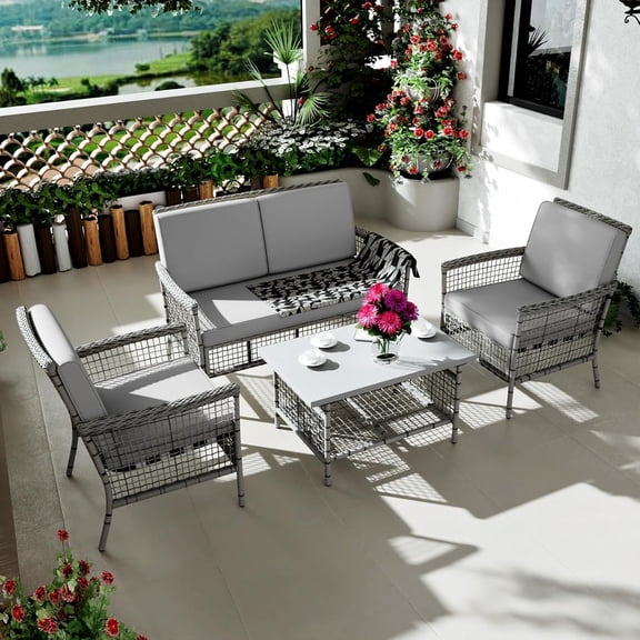 4 Pieces Outdoor Patio Furniture Set, Wicker Rattan Chairs & Loveseat Couch with Side Table and Cushions, All-Weather Patio Seating Set for Backyard, Deck, Porch (Light Gray)