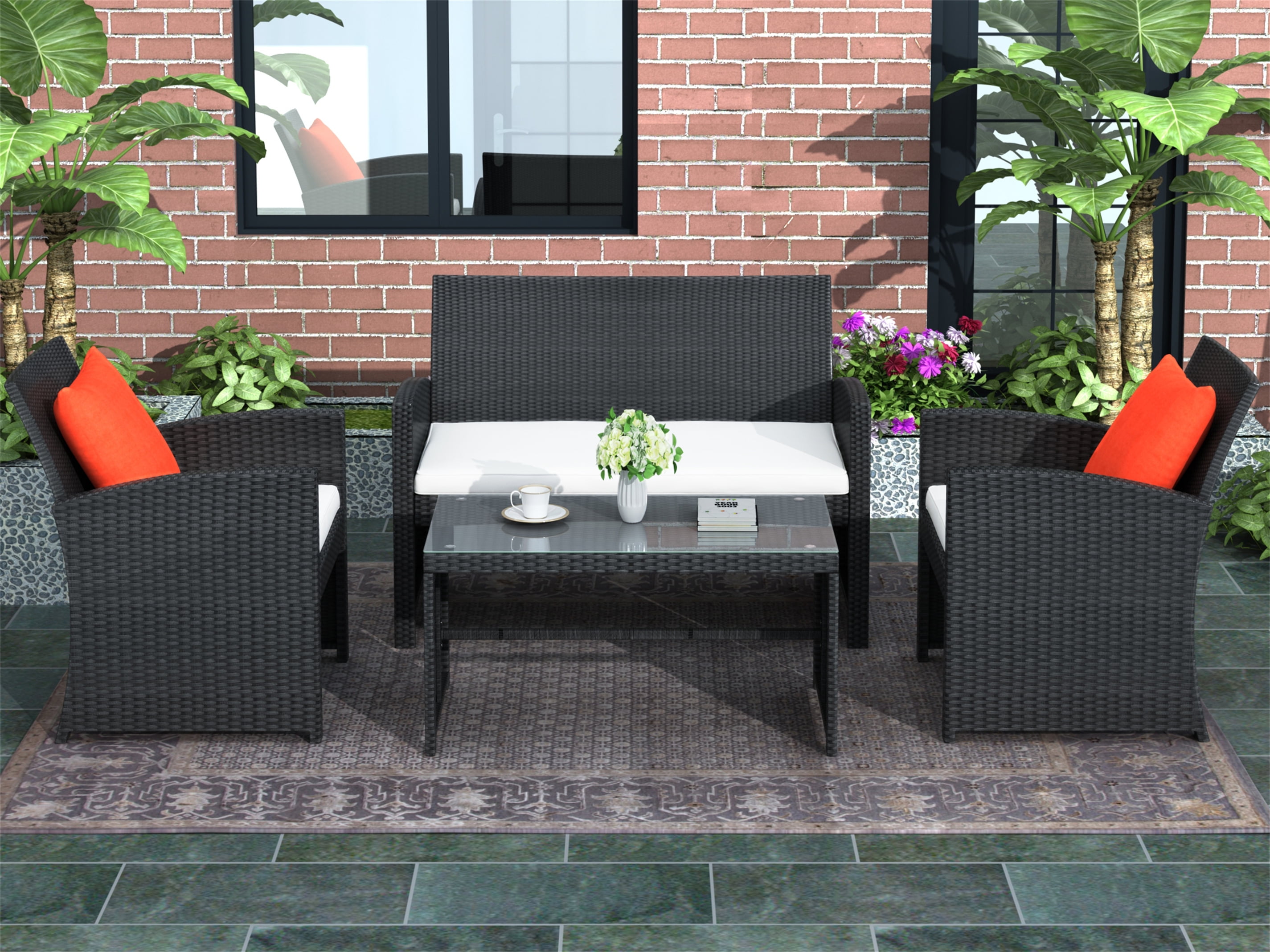 Aukfa 4-Piece Rattan Outdoor Conversation Sets, Black/Beige