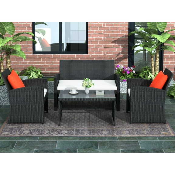 Aukfa 4-Piece Rattan Outdoor Conversation Sets, Black/Beige