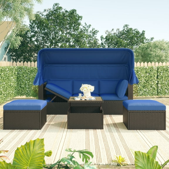 Outdoor Wicker Furniture Set with Canopy, 4 Pieces Daybed Sunbed Set with Ottomans and Coffee Table, Cushioned Sectional Sofa Set, Conversation Chair Set for Backyard, Balcony, Poolside, Blue, D6273