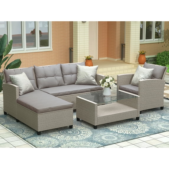 4 Pieces Outdoor Sectional Sofa Set, Patio Wicker Conversation Set with Glass Coffee Table, Cushioned PE Rattan Furniture Set, for Backyard, Poolside, Garden, Deck, Beige Brown, D6083