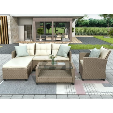 4 Pieces Outdoor Sectional Sofa Set, Patio Wicker Conversation Set with Glass Coffee Table, Cushioned PE Rattan Furniture Set, for Backyard, Poolside, Garden, Deck, Beige, D6257