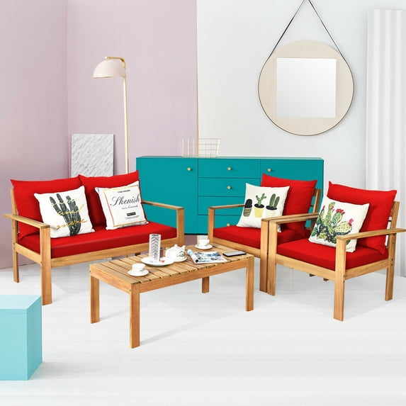 4-Pieces Outdoor Sofa Chair Set Acacia Wooden Chat Set Patio Conversation Set with Red Cushions
