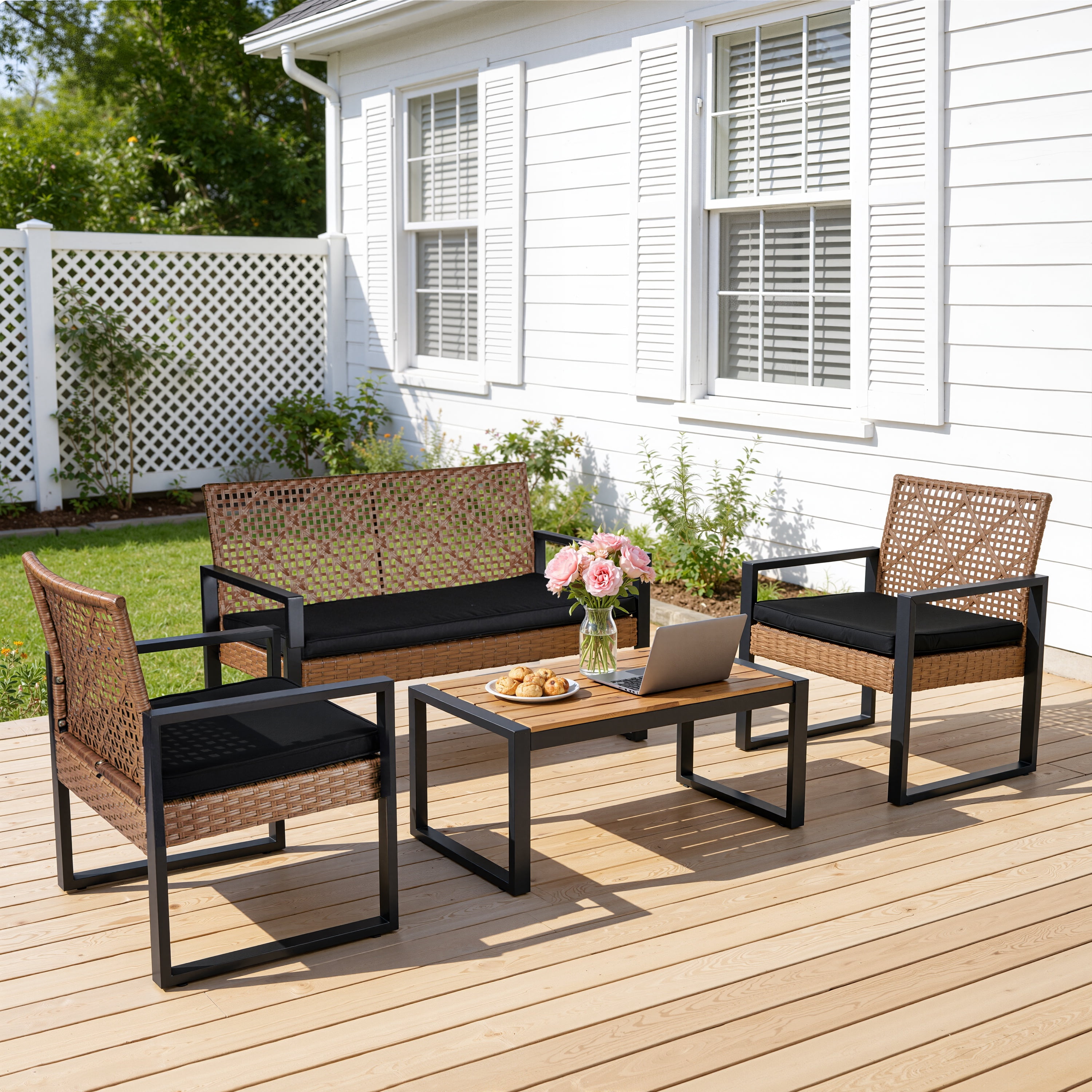 4 Pieces Outdoor Wicker Conversation Set, All-Weather Rattan Patio Furniture Sets with Arm Chairs, Acacia Wood Table and Cushions, Sectional Sofa Set for Backyard, Garden, Poolside