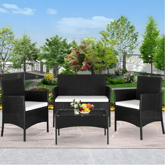 4 Pieces Outdoor Wicker Conversation Set, All-Weather Rattan Patio Furniture Sets with Arm Chairs, Tempered Glass Table and Cushions, Sectional Sofa Set for Backyard, Garden, Poolside
