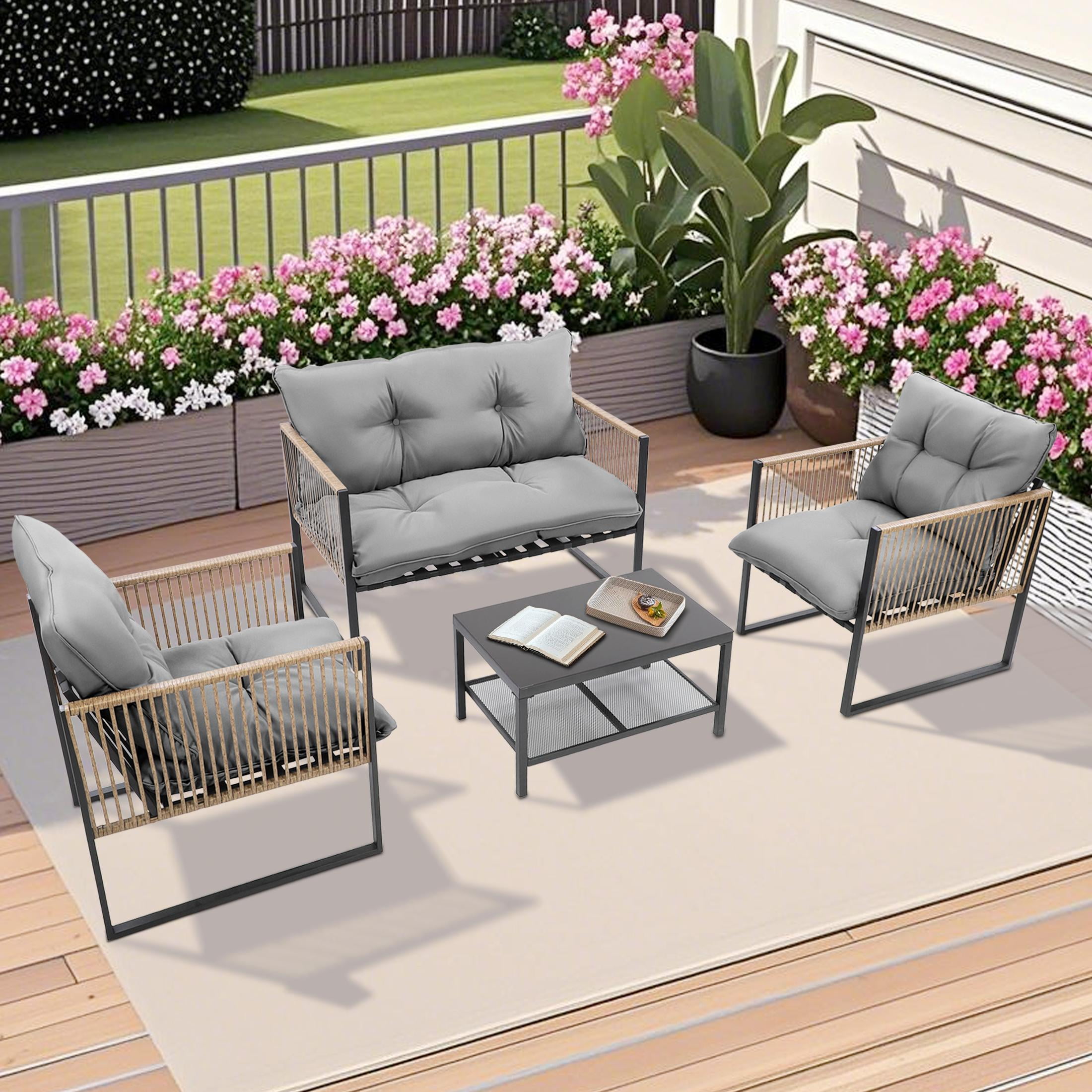 4 Pieces Outdoor Wicker Conversation Set, All-Weather Rattan Patio Furniture Sets with Arm Chairs, Tempered Glass Tabletop and Cushions, Sectional Sofa Set for Backyard, Garden, Poolside