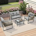 thumbnail image 1 of 4 Pieces Outdoor Wicker Conversation Set, All-Weather Rattan Patio Furniture Sets with Arm Chairs, Tempered Glass Tabletop and Cushions, Sectional Sofa Set for Backyard, Garden, Poolside, 1 of 8