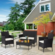 4 Pieces Outdoor Wicker Conversation Set, All-Weather Rattan Patio Furniture Sets with Arm Chairs, Tempered Glass Tabletop and Cushions, Sectional Sofa Set for Backyard, Garden, Poolside