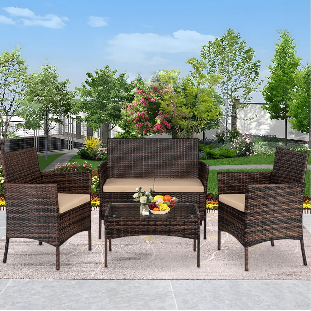 4 Pieces Outdoor Wicker Conversation Set, All-Weather Rattan Patio Furniture Sets with Arm Chairs, Tempered Glass Tabletop and Cushions, Sectional Sofa Set for Backyard, Garden, Poolside