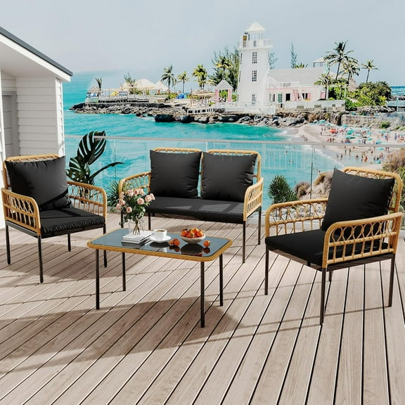 4 Pieces Outdoor Wicker Patio Bistro Set, All-Weather Rattan Conversation Set with Glass Top Coffee Table & Loveseat & 2 Armchairs Chairs Cushions,Boho Balcony Furniture for Garden, Backyard