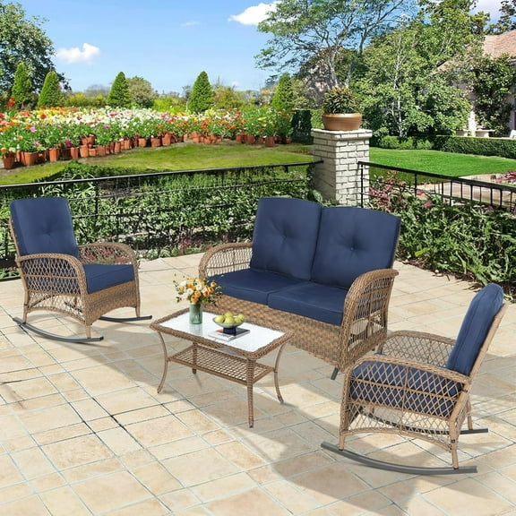 4 Pieces Outdoor Wicker Patio Furniture Set, All Weather Patio Conversation Cushioned Sectional Sofa Set with Glider Loveseat/2 Rocking Chairs/Matching Glass Coffee Table, Navy