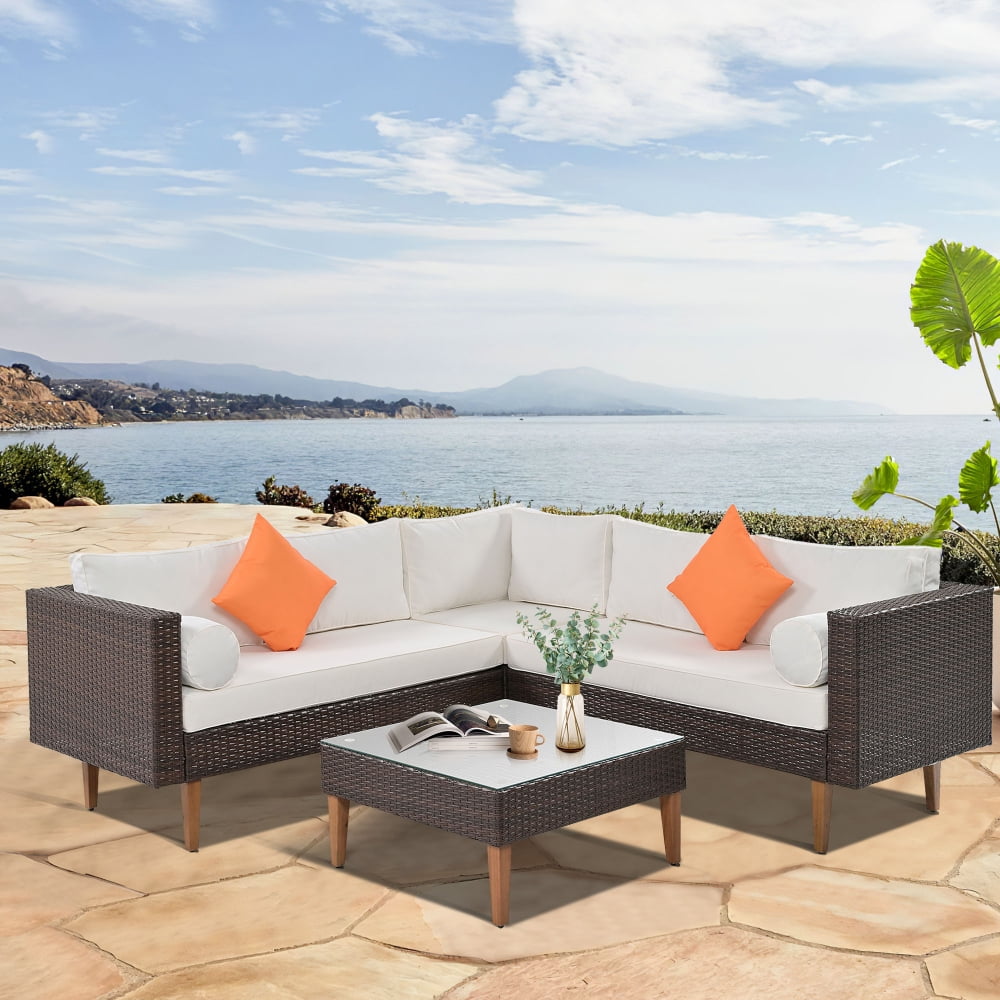 4Pieces Outdoor Wicker Sofa Set, Morden Lshape Patio Furniture with