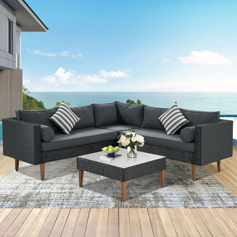 4 Pieces Outdoor Wicker Sofa Set Patio L shape Rattan Sofa Set with Cushions and Colorful Pillows Conversation Sofa Furniture for Garden Balcony Pool Backyard Gray Walmart