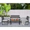 thumbnail image 1 of 4 Pieces PE Rattan Wicker Chair Set, SYNGAR Outdoor Patio Conversation Sofa Set with Glass Tea Table, Ottoman & Cushions, Backyard Sectional Furniture Set for Garden Poolside Living Room, Brown, D189, 1 of 10