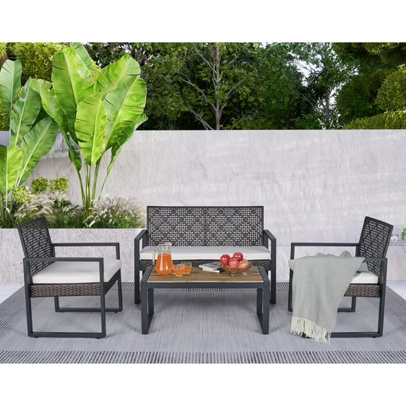 4 Pieces PE Rattan Wicker Chair Set, SYNGAR Outdoor Patio Conversation Sofa Set with Glass Tea Table, Ottoman & Cushions, Backyard Sectional Furniture Set for Garden Poolside Living Room, Brown, D189