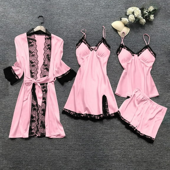 4 Pieces Pajamas Sets for Women Plus Size Sexy Lace Splice Satin Robes Sleeveless Nightgowns Tank Tops and Shorts Comfort Loungewear Set Christmas Pajamas