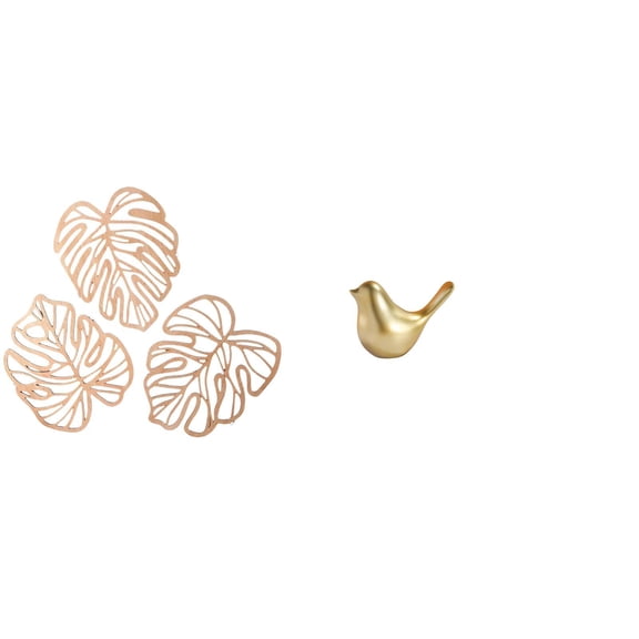 4 Pieces Palm Leaves Wall Plaque Golden Birds Figurine Wood Decoration for Bedroom Living Room Bathroom