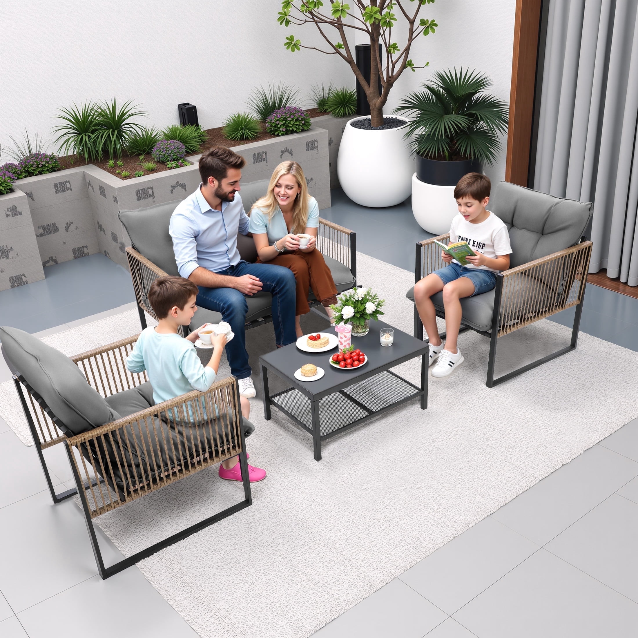 Enyopro 4 Piece Wicker Patio Furniture Set, Outdoor Rattan Conversation Sets, Cushioned Secitional Sofa Sets with 2 Arm Chairs, Love Seat & Tempered Glass Coffee Table, for Patio Garden Deck Backyard