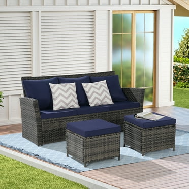Enyopro 3 Piece Patio Furniture Set with 2 Ottomans, Outdoor Wicker Sofa Rattan Patio Conversation Sets, All-Weather PE Wicker Furniture Sets for Patio Porch Deck Balcony, Blue