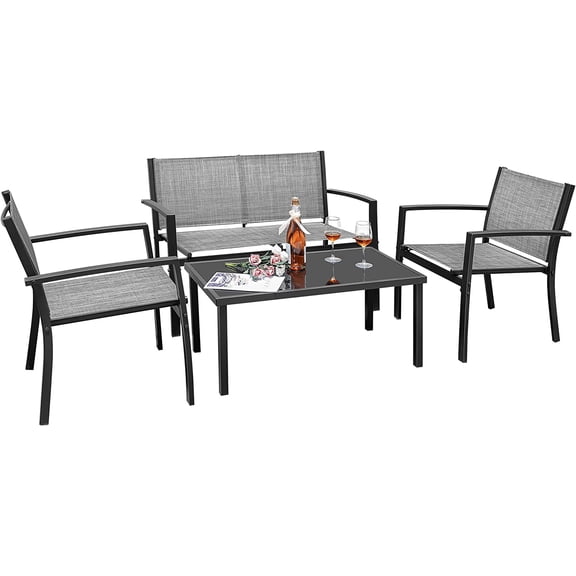4 Pieces Patio Furniture Outdoor Furniture Patio Furniture Set Textilene Bistro Set Modern Conversation Set Black Bistro Set with Loveseat Tea Table for Home, Lawn and Balcony (Grey)