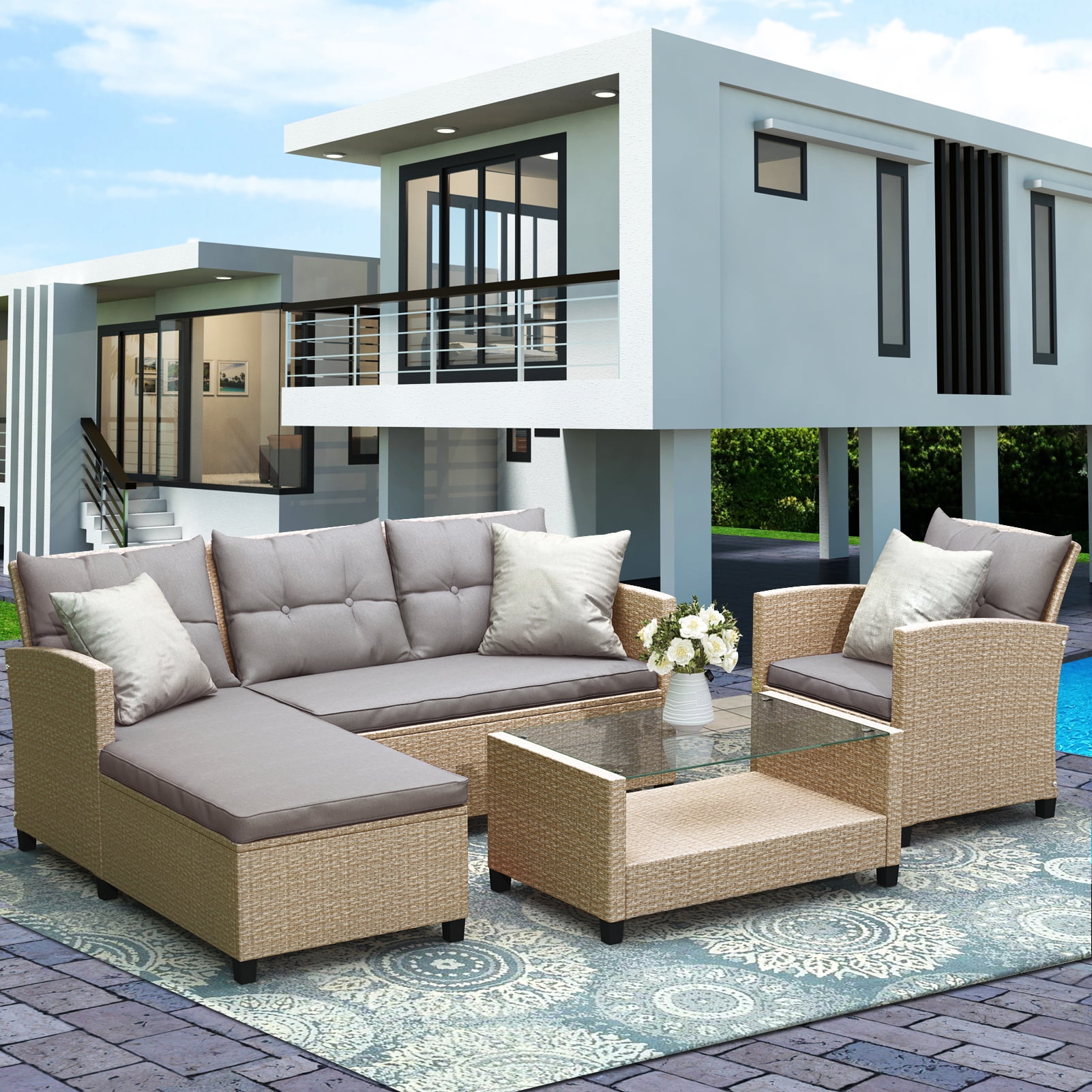 enyopro 4 Pieces Patio Furniture Sectional Set, Outdoor All-Weather Manual Weaving Wicker Conversation Set with Storage Box & Table, Rattan Sectional Sofa Set, Deck Porch Use Furniture Set, B994