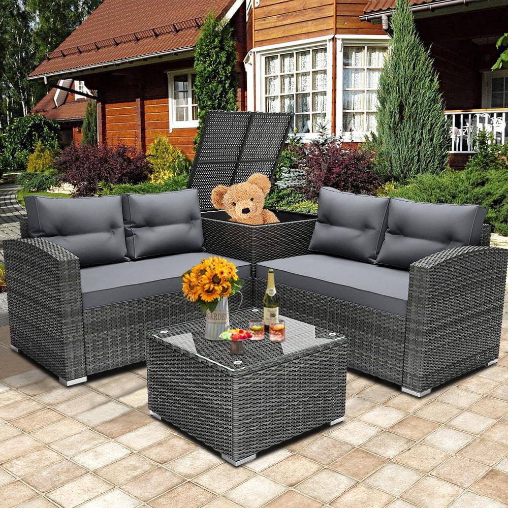 Rattan Patio Sofa Set 4 Pieces Outdoor Sectional Furniture Set All Weather PE Rattan Wicker Patio Conversation Set Cushioned Sofa Set with Glass