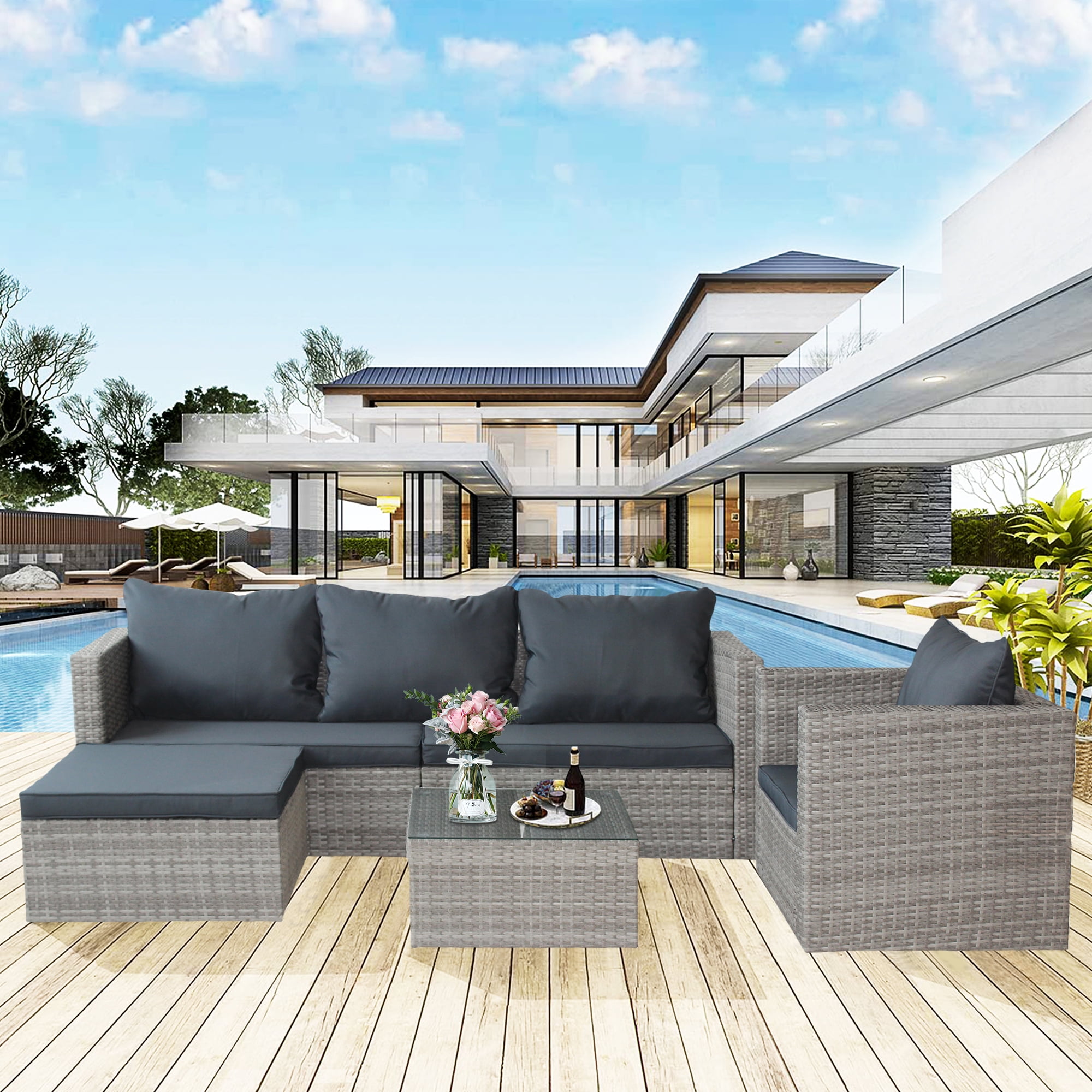 4 Pieces Patio Furniture Sectional Set, Outdoor All-Weather Wicker Conversation Set with 3-Seater Sofa & Table, Rattan Sectional Sofa Set, Backyard Porch Balcony Use Furniture Set, K2813