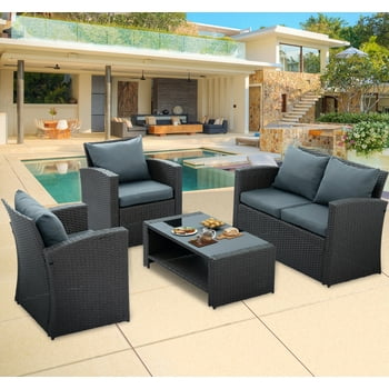 4 Pieces Patio Furniture Set, All Weather Outdoor Brown Rattan Sectional Conversation Sofa Chair with Coffee Table, Grey Cushions