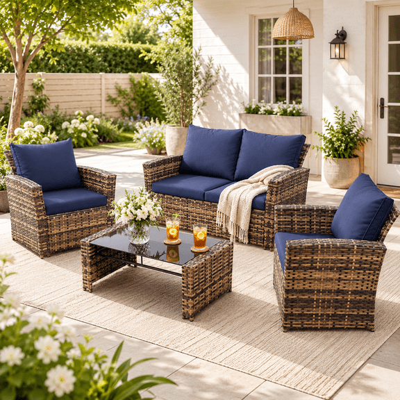 YIORTWO 4-Piece Outdoor Patio Furniture Set, Wicker Sofa Set with Thick Cushions, All-Weather Rattan Deep Seating Set with Tempered Glass Table, Blue