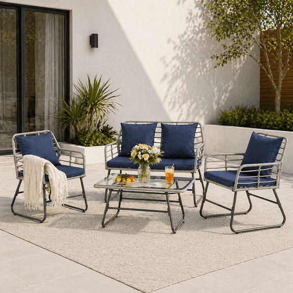 YIORTWO 4-Piece Outdoor Patio Furniture Set, Wicker Sofa Set with Thick Cushions, All-Weather Rattan Deep Seating Set with Tempered Glass Table, Blue