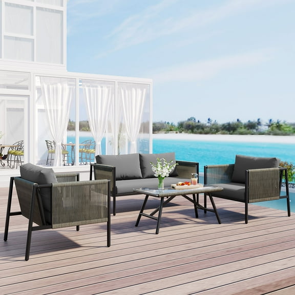 4 Pieces Patio Furniture Set All Weather Textile Fabric Outdoor Conversation Set with Thick Cushions and Toughened Glass Table for Home, Garden, Lawn, Porch